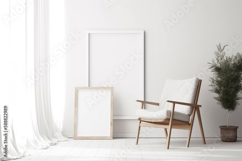Blank picture frame on a white wall. View of modern style interior with chair. Generative AI