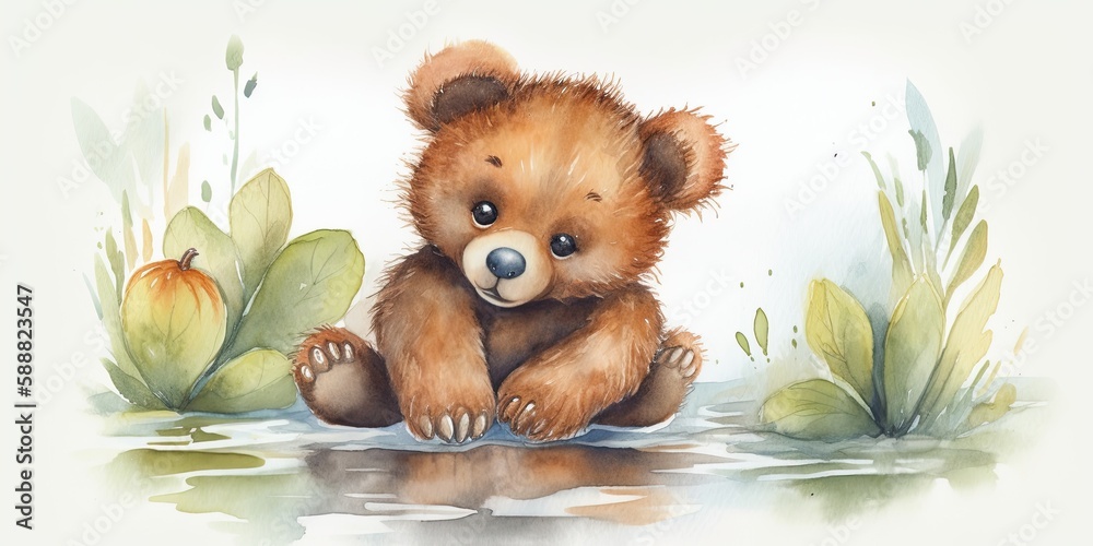 Whimsical watercolor playful baby bear cub generative AI art Whimsical watercolor playful baby bear cub generative AI art