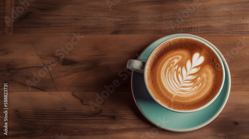 Latte art coffee on wooden table, cozy image for marketing