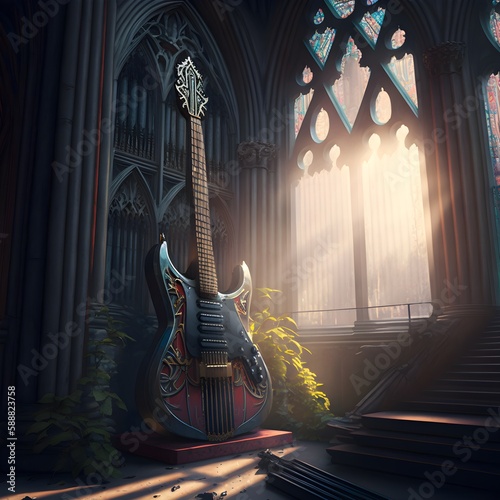 Canvas Print environment organ gothic church stratocaster dramatic light sun rays 8k hyperrea