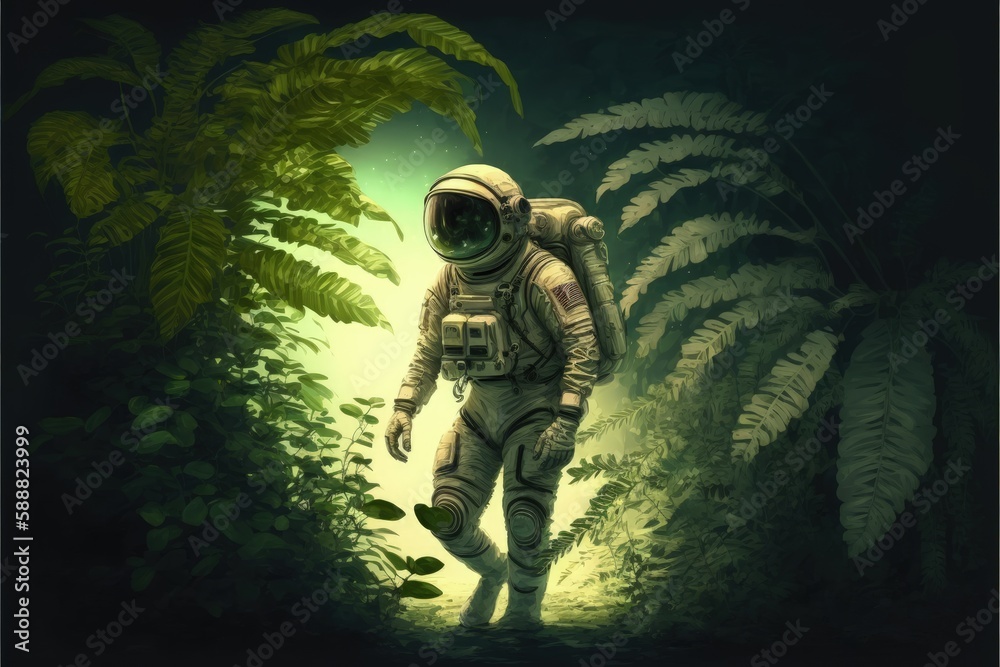 The astronaut explores alien life on a distant planet, with strange creatures and plants. Fantasy concept , Illustration painting. Generative AI