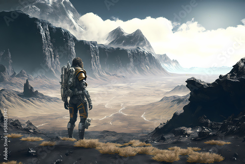Futuristic hiker on the top of mountain