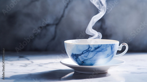 Porcelain teacup with steaming tea, marble accents and wall. For marketing and website mockups. Created with generative AI tools.