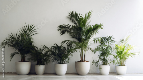 Potted house plants lined against white wall with modern aesthetic. For marketing and website mockups. Created with generative AI tools.