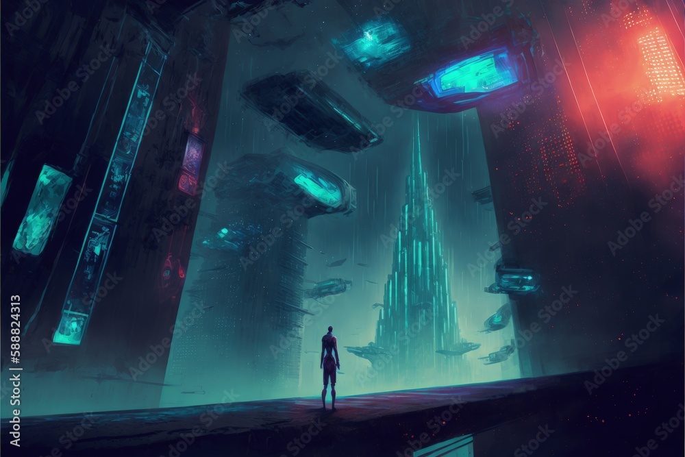 The man stood in the desolate city, surrounded by strange, futuristic structures. Fantasy concept , Illustration painting. Generative AI
