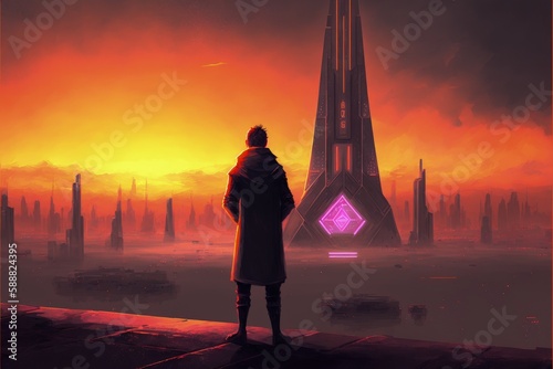 The man stood in the desolate city, surrounded by strange, futuristic structures. Fantasy concept , Illustration painting. Generative AI