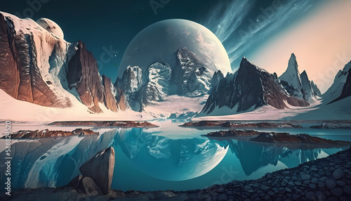 Frozen planet landscape with giant moon at background