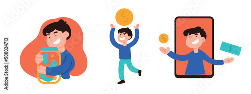 Ways of earning. Cartoon, color, types of earnings on the Internet. Vector illustration