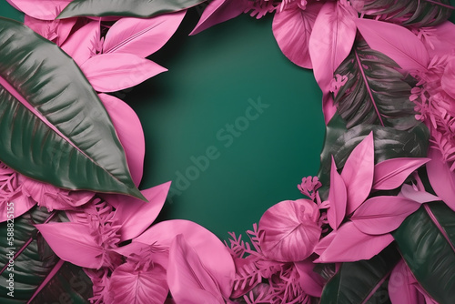 quadro elegante tropical rosa organizado a partir de folhas exóticas de esmeralda
