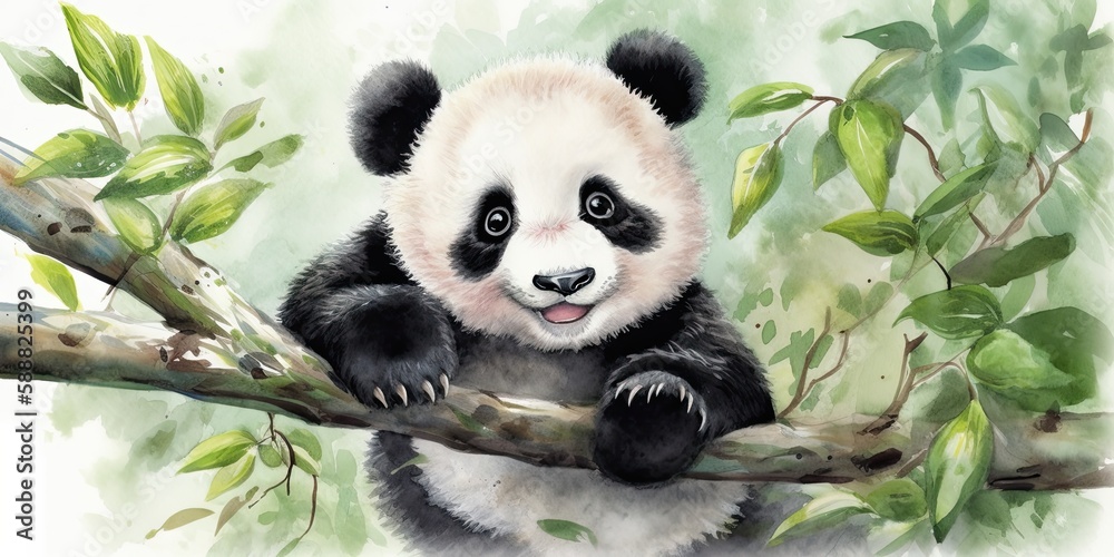 Obraz premium Whimsical watercolor playful baby panda generative AI art