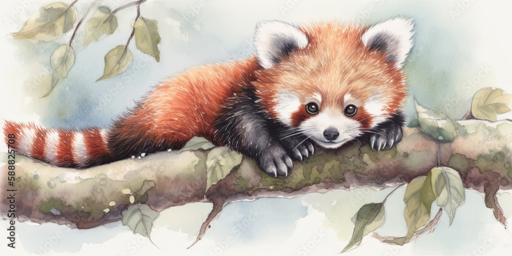 Obraz premium Whimsical watercolor playful baby red panda generative AI art