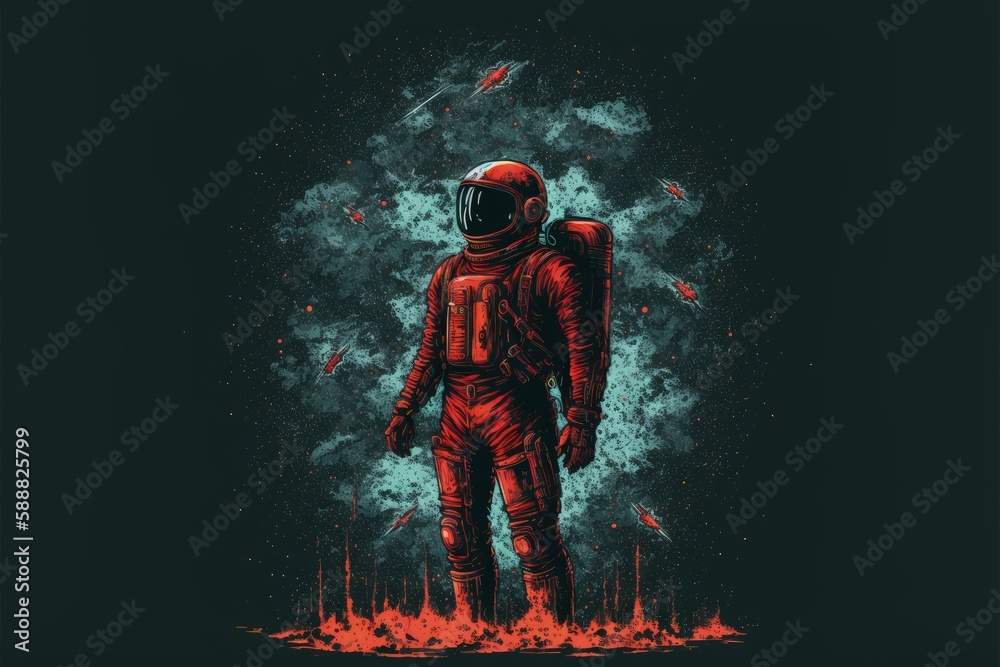 Astronaut wearing a red jet pack stands in front of a starry sky. Fantasy concept , Illustration painting. Generative AI Astronaut wearing a red jet pack stands in front of a starry sky. Fantasy concept , Illustration painting. Generative AI
