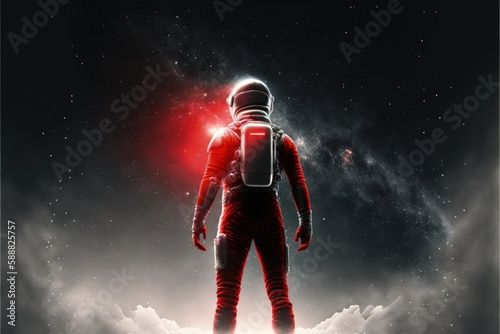 Astronaut wearing a red jet pack stands in front of a starry sky. Fantasy concept , Illustration painting. Generative AI © X-Poser