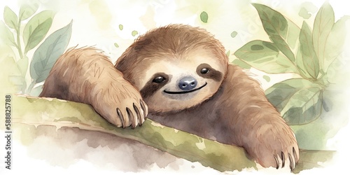 Whimsical watercolor playful baby sloth generative AI art