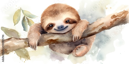 Whimsical watercolor playful baby sloth generative AI art
