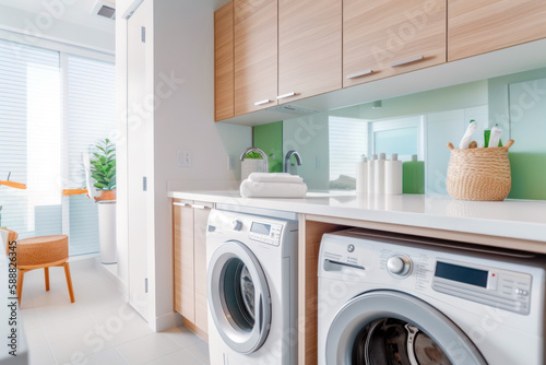 Laundry room interior with washing machine  dryer and cabinets. Modern apartment house facilities. Generative AI