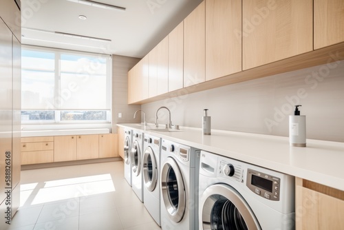 Wallpaper Mural Laundry room interior with washing machine, dryer and cabinets. Modern apartment house facilities. Generative AI Torontodigital.ca
