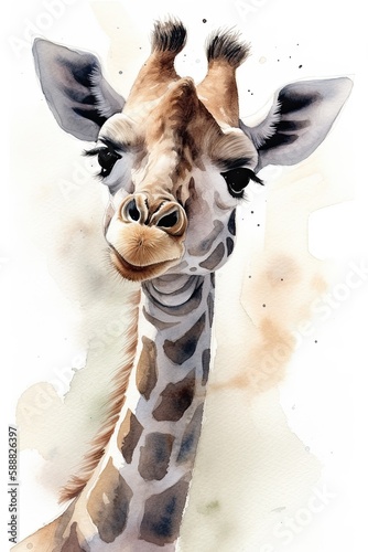 Whimsical watercolor playful baby  giraffe generative AI art photo