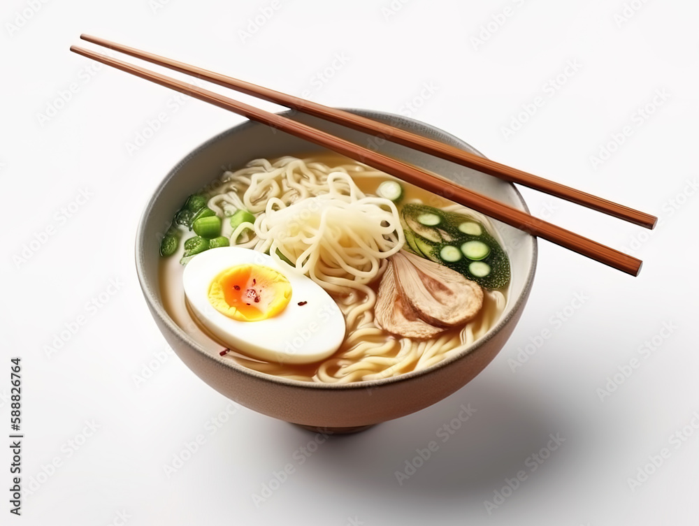 Ramen soup with noodles, leek, nori, shiitake mushroom, soft egg and chashu chicken on white background. Chopsticks holding egg. Ramen soup with noodles, leek, nori, shiitake mushroom, soft egg and chashu chicken on white background. Chopsticks holding egg.