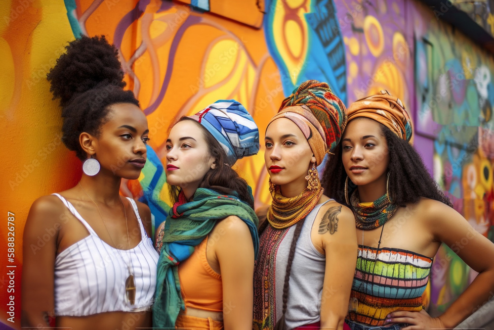 Obraz premium Portrait of a multinational multiethnic group of women in bright national dresses. Generative AI 