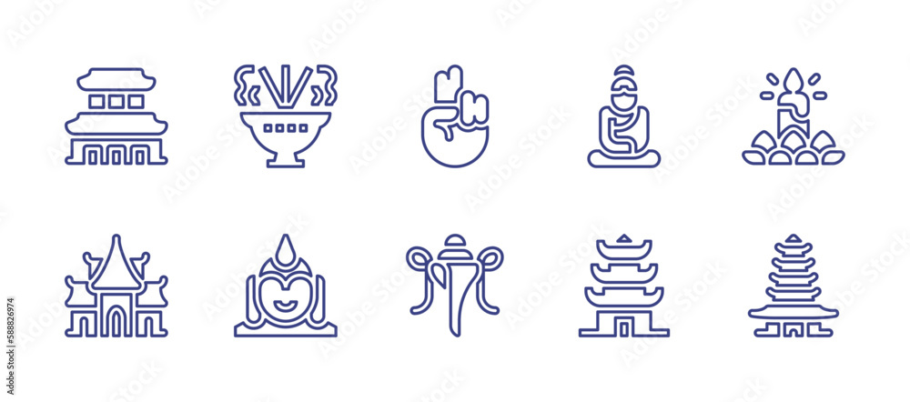 Buddhism line icon set. Editable stroke. Vector illustration. Containing temple, incense, mudra, buddha, loy krathong, conch shell, pagoda, suzhou.