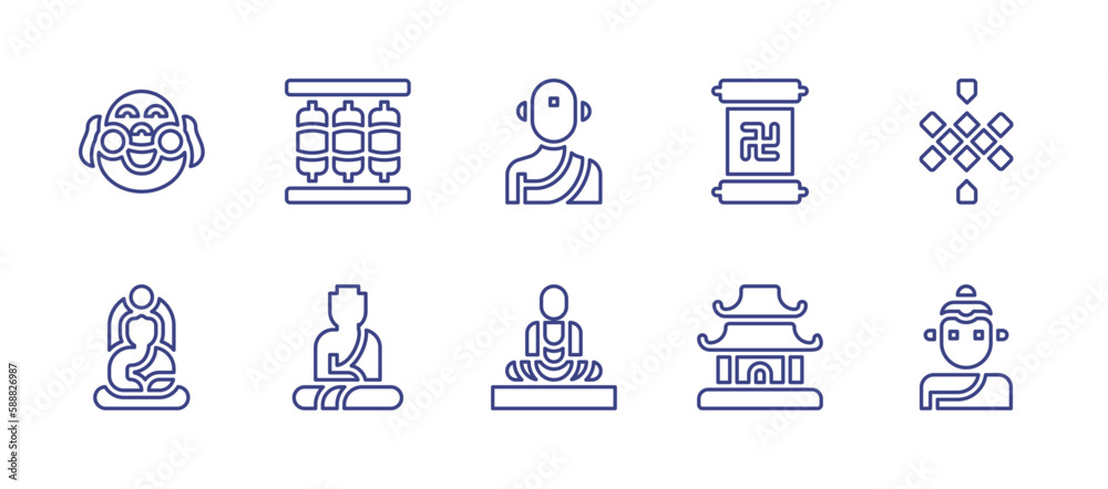 Buddhism line icon set. Editable stroke. Vector illustration. Containing buddha, prayer wheel, monk, scroll, endless knot, bodhisattva, temple.