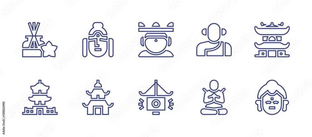 Buddhism line icon set. Editable stroke. Vector illustration. Containing incense, buddha, monk, temple, pagoda, light, meditate.