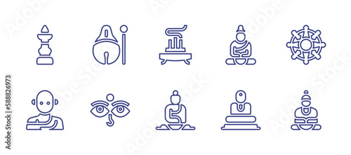 Buddhism line icon set. Editable stroke. Vector illustration. Containing butter lamp, mokugyo, incense, buddha, dharma wheel, buddhist, buddhism, great buddha of kamakura.