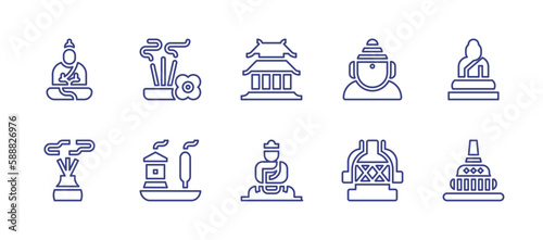 Buddhism line icon set. Editable stroke. Vector illustration. Containing buddha, incense, temple, aroma, great buddha, borobudur.