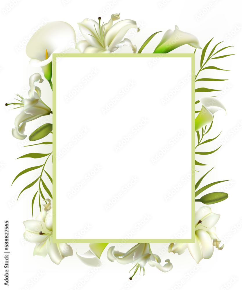 White flowers. Flower background. Calla. Lilies. Orchids. Green leaves. Wedding invitation.