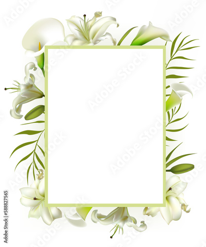 White flowers. Flower background. Calla. Lilies. Orchids. Green leaves. Wedding invitation.