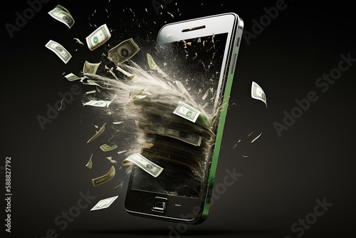 Money Flowing out of Smartphone for Financial profit and trading application, Generative AI photo
