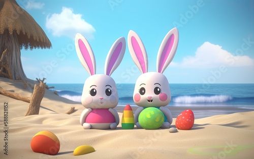 Two kawaii rabbits on a sunny beach with Easter eggs created with Generative AI