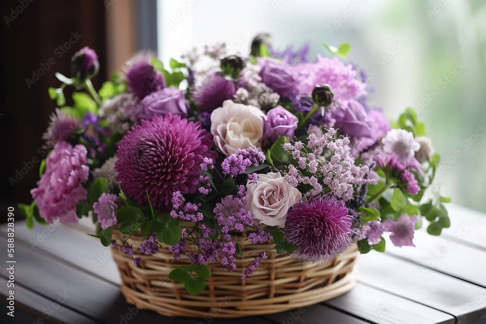 Arranjo de flores de primavera roxa, texto em inglês, melhor mãe do mundo Arranjo de flores de primavera roxa, texto em inglês, melhor mãe do mundo