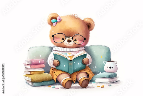 Bear cub reading a book. Cute watercolor illustration for nursery print. Pastel colors fashion bear with books, illustration for nursery decor, cozy mood. World Book Day, literacy day. Generative AI.