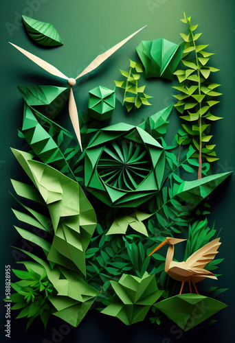 Exploring the World of Green Energy: Stunning Illustrations of Eco-Friendly Solutions, paper art and craft style concept. Created using generative AI.