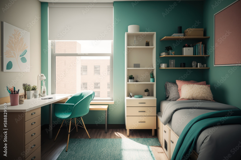 Modern student bedroom interior. Office desk for study and bed. Generative AI