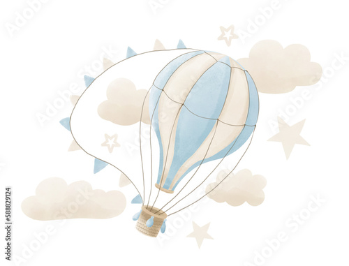 Hot Air Balloon for Baby Shower. Hand drawn watercolor vintage illustration for childish greeting cards or invitations on isolated background in pastel blue and beige colors. Drawing for newborn party