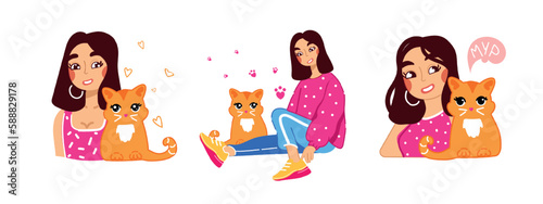 Cute girl with cats. Vector illustration in flat cartoon style. photo