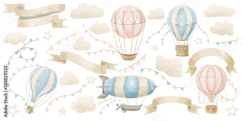 Canvas Print Hot Air Balloons with airships and garlands