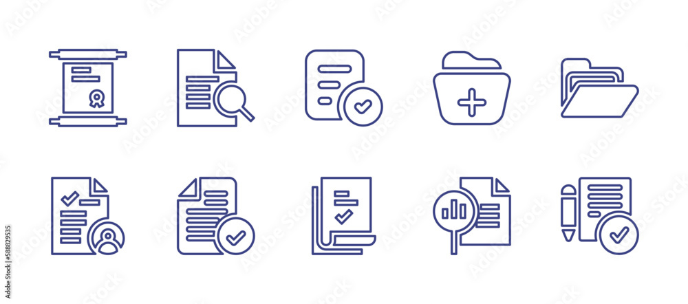 Documentation line icon set. Editable stroke. Vector illustration. Containing legal document, file, document, add, folder, appraisal, report, approve.