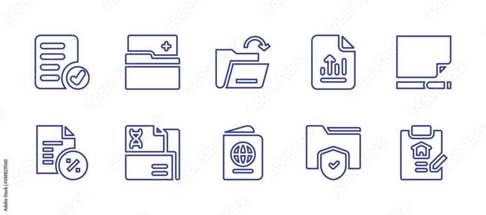 Documentation line icon set. Editable stroke. Vector illustration. Containing registered document, document, open, blank page, passport, contract.