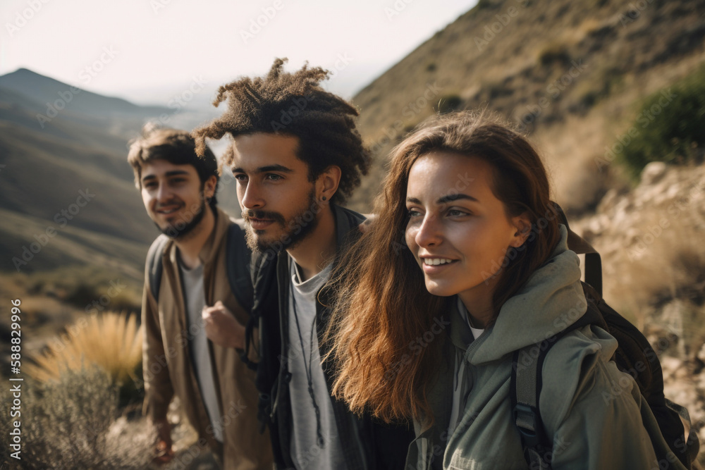 Portrait of a group of friends on a hike against the backdrop of nature.  Generative AI	
