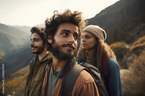 Portrait of a group of friends on a hike against the backdrop of nature.  Generative AI  