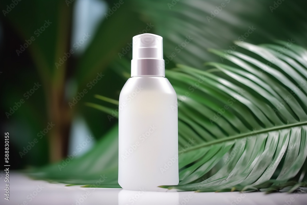 Conceito de cuidados com a pele com garrafa branca e folhas de palmeira em fundo tropical Conceito de cuidados com a pele com garrafa branca e folhas de palmeira em fundo tropical