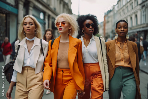 A group of fashionable young women in bright and stylish outfits are walking down the street. Generative AI 