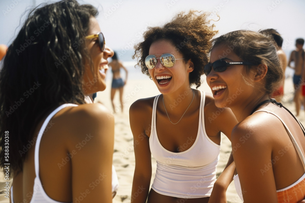 A group of young women in bright and stylish swimsuits are relaxing on a beach. Generative AI	
