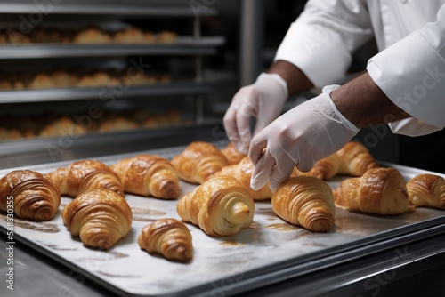 Confectioner baker lays out freshly baked croissants. generative AI