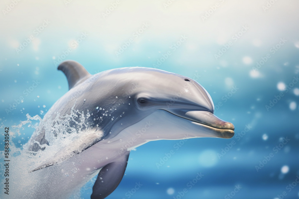 Graceful Leap: A Dolphin Jumping Out of the Water in a Splash of Blue