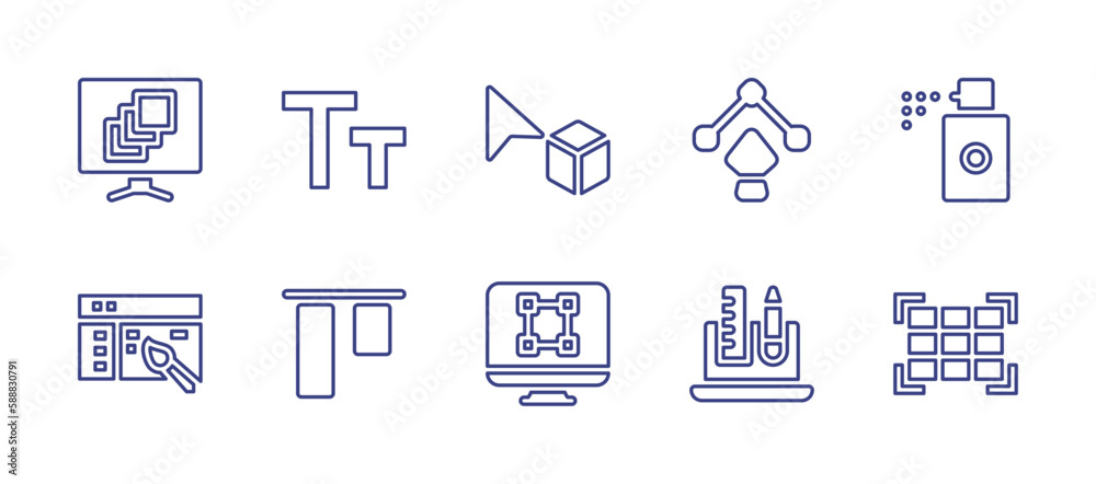 Graphic design line icon set. Editable stroke. Vector illustration. Containing layers, font size, perspective, pen tool, spray, app design, object alignment, graphic design, tools, grid.